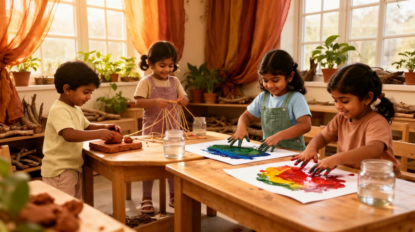Indian preschool children, boys and girls, doing hand painting, clay modeling and threadwork in a sunlit Waldorf nature-based kindergarten