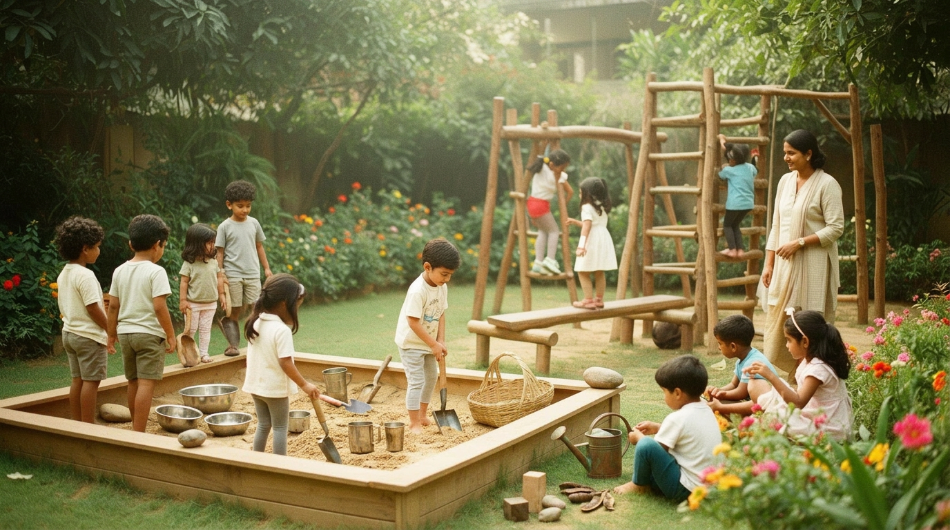 Indian kindergarten children playing outdoors in a green garden — sand pit, climbing structures, and children observing the colours of nature